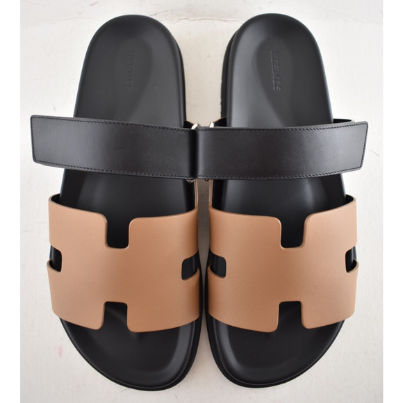 Hermes Chypre Sandal Mens Black Naturel Safari Leather H Logo Slide Flat 45 12 - Picture 7 of 13